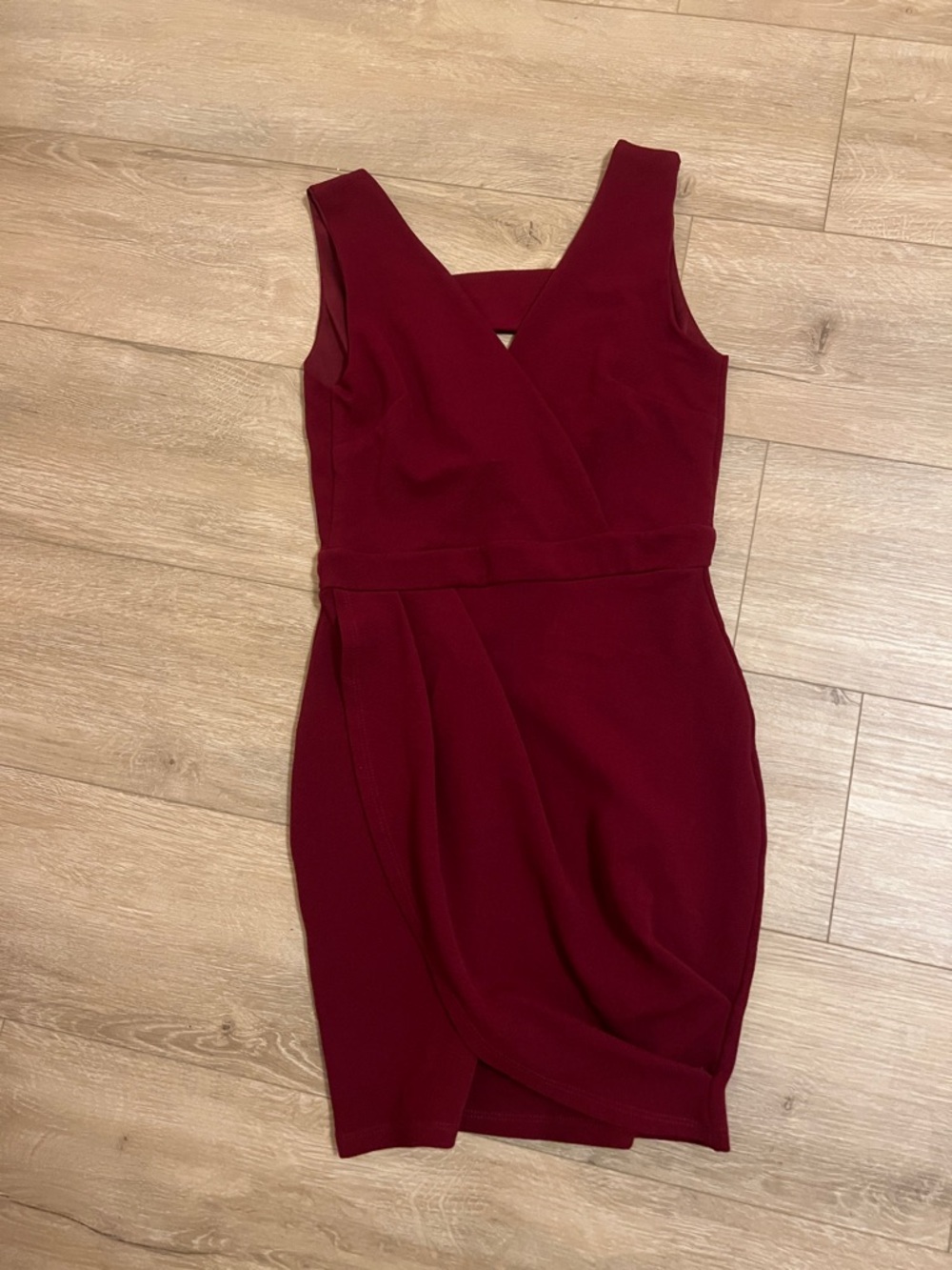 Sleeveless Faux-Wrap Mini Dress in Burgundy